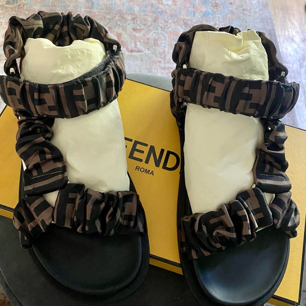 Fendi FF Monogram Satin Ruched Dad Sandals